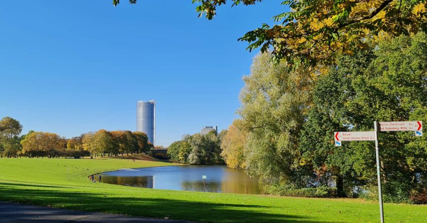 Das Bild zeigt den Rheinauensee und den Park der Stadt Bonn