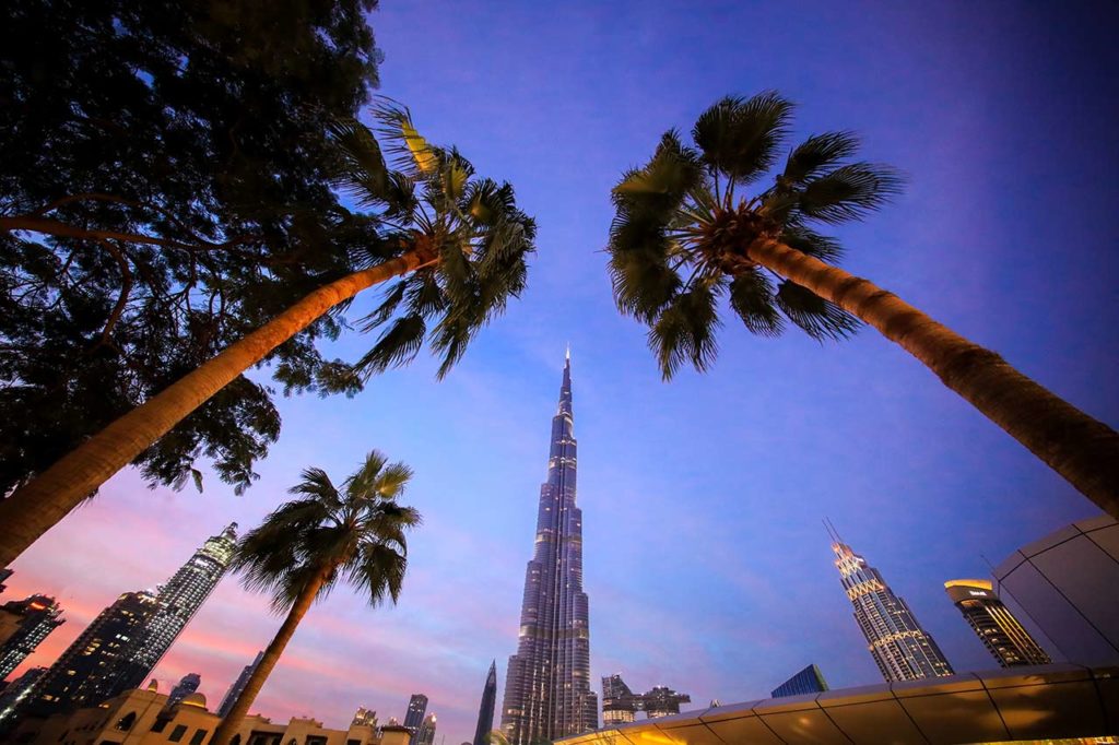 Auf dem Foto sehen Sie das Burj Kalifa mit Palmen in Dubai