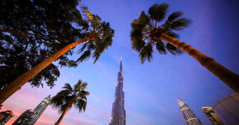 Auf dem Foto sehen Sie das Burj Kalifa mit Palmen in Dubai