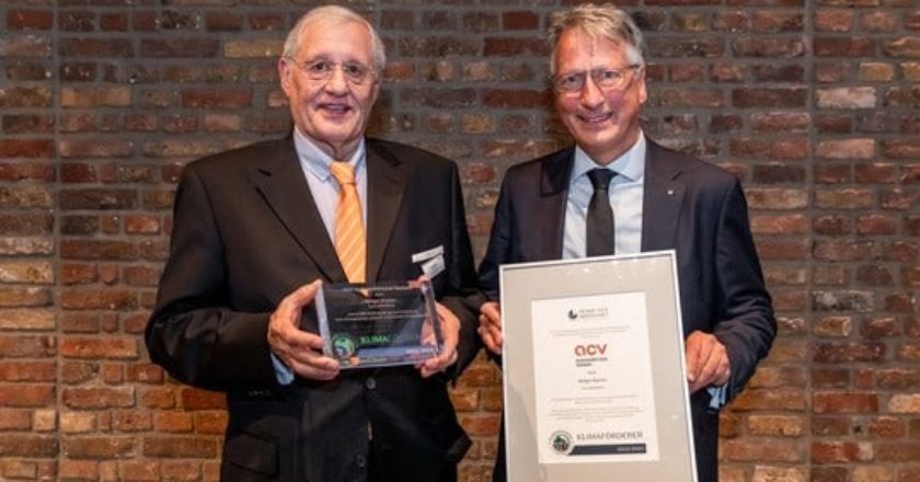 Das Foto zeigt Präsident Rolf Möller (l.) und Geschäftsführer Holger Küster mit der Auszeichnung "Klimaförderer 2022/2023