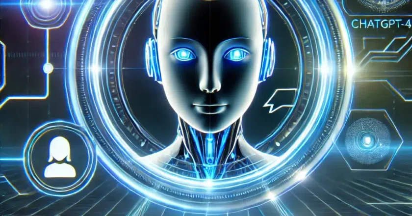 in futuristisches KI-Chatbot-Interface, das ChatGPT-4.5 darstellt. Die Benutzeroberfläche leuchtet in Blau- und Cyan-Tönen mit interaktiven Elementen, während im Hintergrund ein digitales neuronales Netzwerk zu sehen ist.