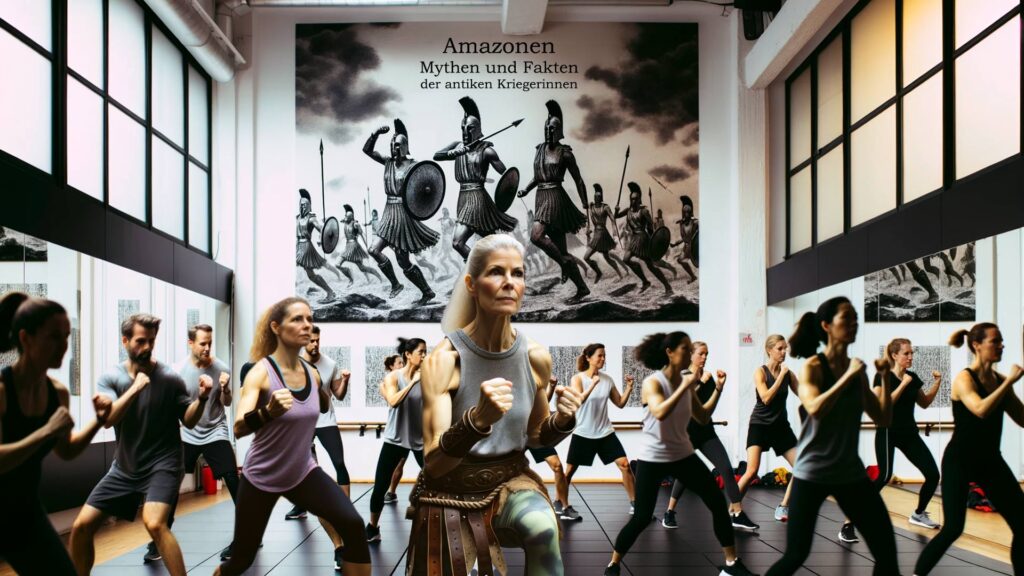 Eine vielfältige Gruppe von Frauen trainiert intensiv in einem Fitnessstudio, wobei der Spruch 'Mythen und Fakten der antiken Kriegerinnen' prominent an der Wand zu sehen ist.