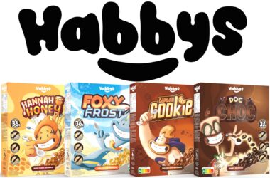 Foto von vier Boxen Habbys Cerealien mit Logo oben mittig, von links nach rechts: Hannah Honey Box, Foxy Frost Box, Captain Cookie Box und Doc Choc Box.