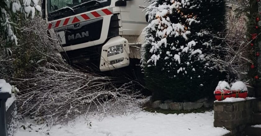 Das Foto zeigt einen LKW im Garten