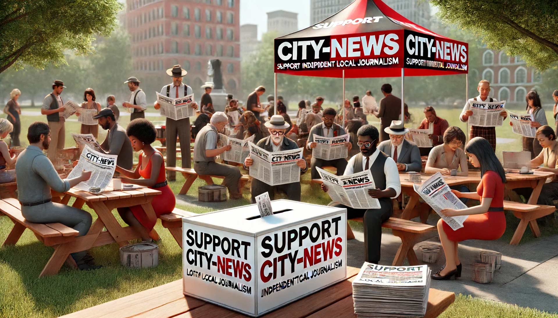 Unterstützen Sie unabhängigen lokalen Journalismus – City-NEWS Spendenaktion Eine lebhafte Gemeinschaftsversammlung im Park, bei der diverse Menschen Zeitungen lesen, Laptops benutzen und Nachrichten diskutieren. Im Vordergrund steht eine Spendenbox mit der Aufschrift "Support City-NEWS" und jemand spendet Geld. Im Hintergrund ist ein Banner mit der Aufschrift "Support Independent Local Journalism" und dem City-NEWS-Logo zu sehen.