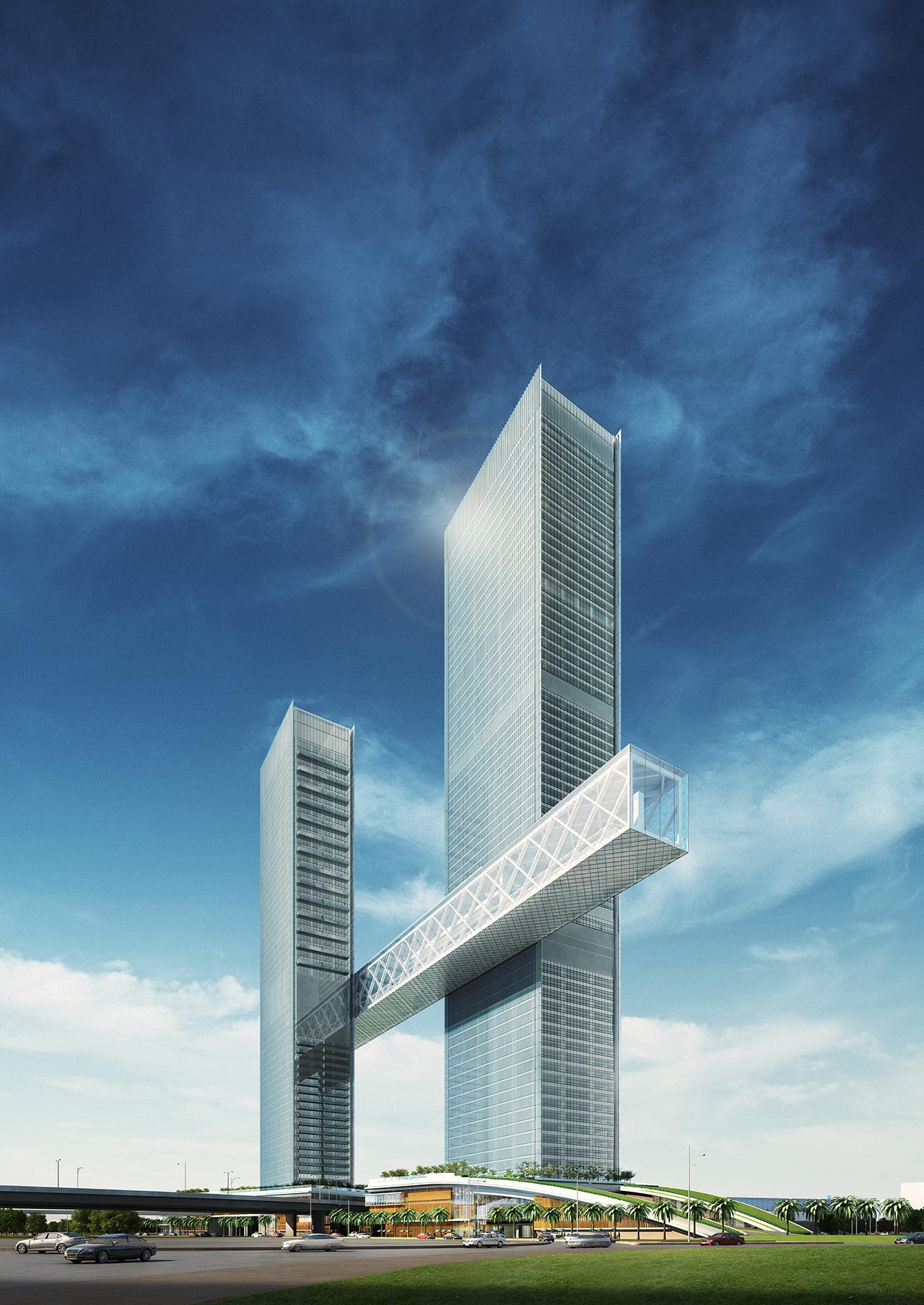 Das Foto zeigt das One Za'abeel in Dubai, ein modernes Gebäude mit zwei Türmen und einer verbindenden Panoramahalle, bei strahlendem Sonnenschein.