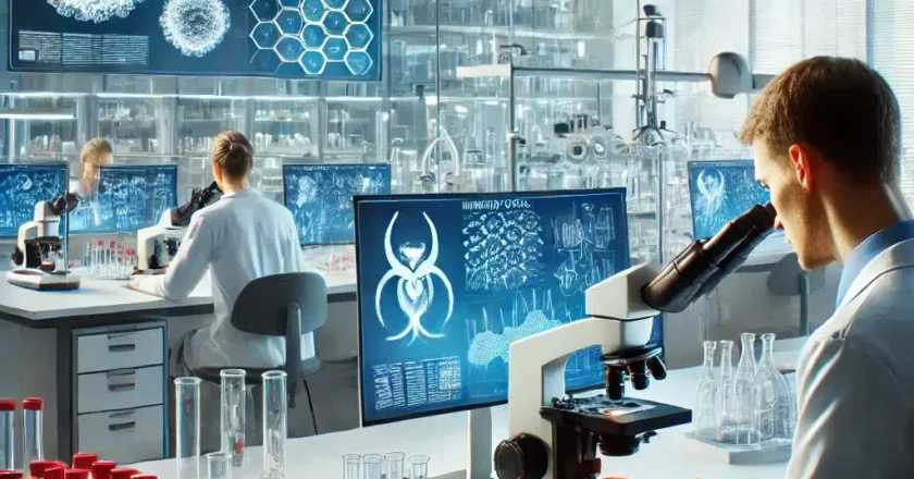Wissenschaftler arbeiten in einem modernen Biotechnologielabor an der Immunonkologieforschung. Das Labor ist mit fortschrittlicher Ausrüstung ausgestattet, darunter Mikroskope, Reagenzgläser und Computer, die molekulare Modelle anzeigen. Ein Wissenschaftler untersucht eine Probe unter einem Mikroskop, während ein anderer Daten auf einem Computer analysiert.