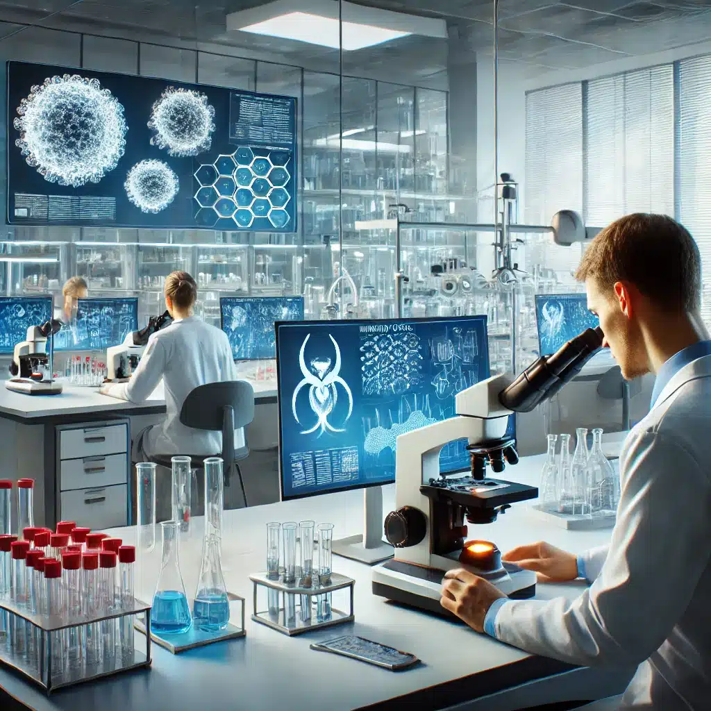 Wissenschaftler arbeiten in einem modernen Biotechnologielabor an der Immunonkologieforschung. Das Labor ist mit fortschrittlicher Ausrüstung ausgestattet, darunter Mikroskope, Reagenzgläser und Computer, die molekulare Modelle anzeigen. Ein Wissenschaftler untersucht eine Probe unter einem Mikroskop, während ein anderer Daten auf einem Computer analysiert.