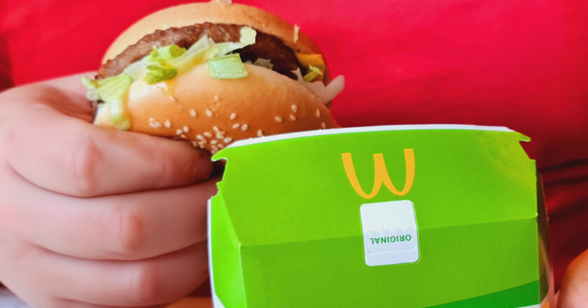 Eine Testperson von PlantPower-NoLimits.com trägt ein rotes T-Shirt mit dem Logo von PlantPower-NoLimits und hält einen McPlant Burger von McDonald's in der rechten Hand. In der linken Hand hält die Person die McPlant-Verpackung. Daneben ist eine teilweise sichtbare McPlant Nuggets-Box zu sehen. Die Verpackung von McDonald's zeigt ein veganes Symbol mit zwei Blättern und der Aufschrift „McPlant“.