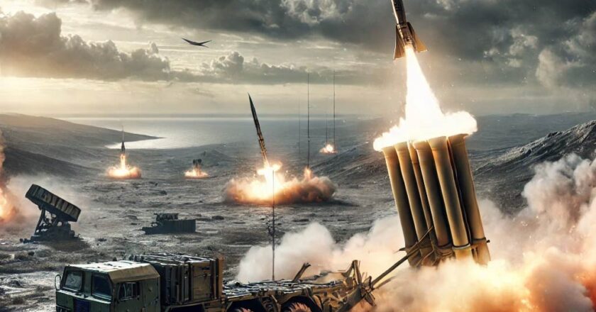 Eine hyperrealistische Darstellung eines militärischen Konflikts, die den Abschuss von ATACMS-Raketen aus einem modernen Raketenwerfersystem zeigt. Im Hintergrund sind ein kriegsgeprägtes Gelände, Explosionen und Rauchschwaden zu sehen, die die Intensität des Geschehens betonen.