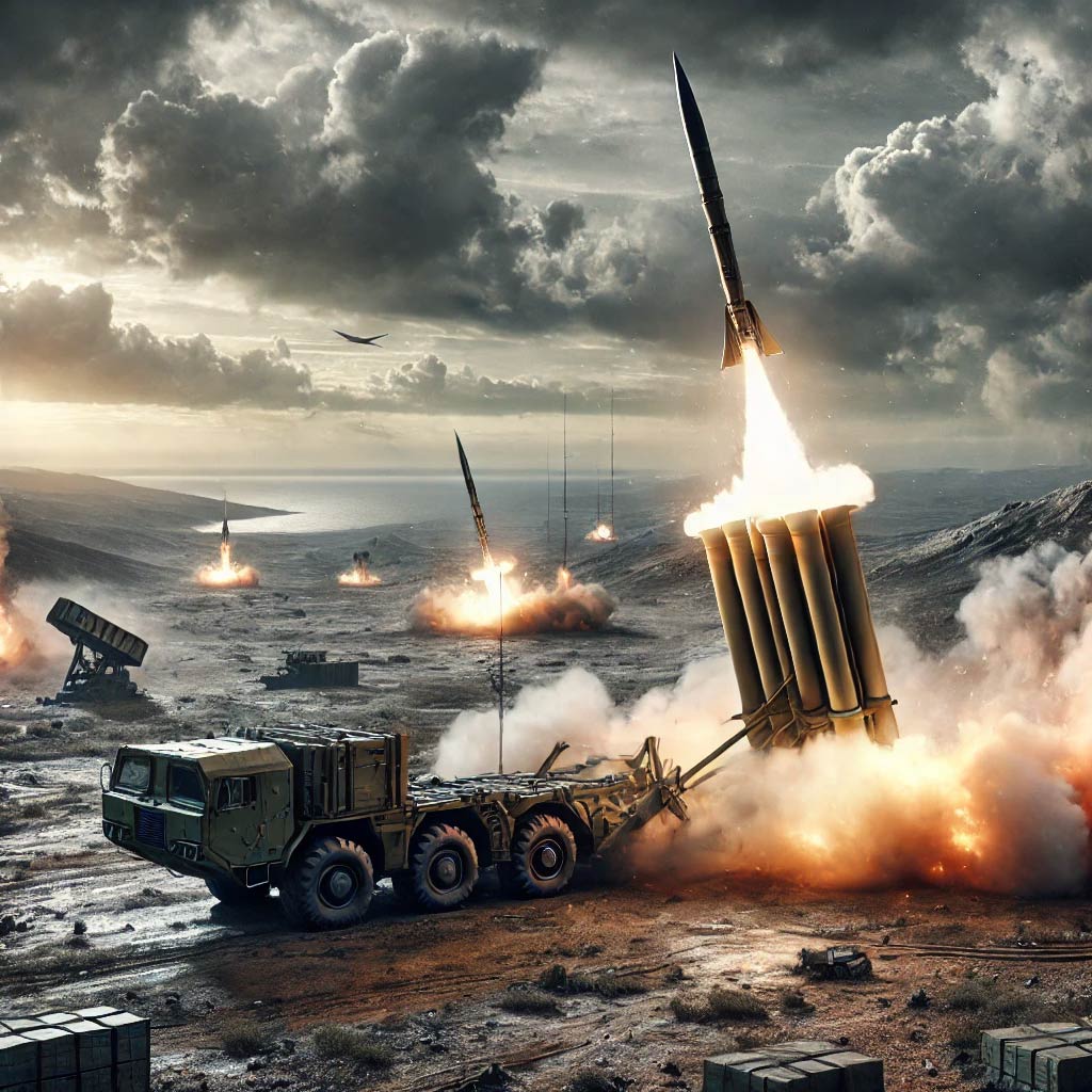 Eine hyperrealistische Darstellung eines militärischen Konflikts, die den Abschuss von ATACMS-Raketen aus einem modernen Raketenwerfersystem zeigt. Im Hintergrund sind ein kriegsgeprägtes Gelände, Explosionen und Rauchschwaden zu sehen, die die Intensität des Geschehens betonen.