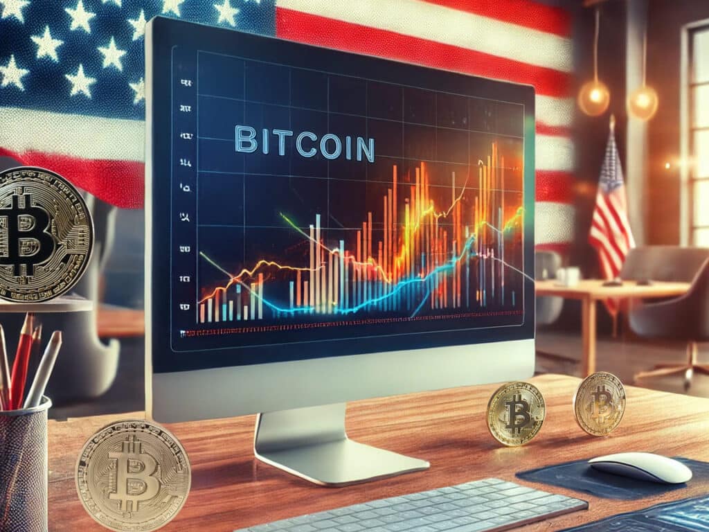 Das Bild zeigt eine moderne Büroumgebung mit subtilen roten, weißen und blauen Akzenten sowie einem Live-Bitcoin-Preisdiagramm auf einem Bildschirm im Vordergrund. Im Hintergrund sind Bitcoin-Symbole und Finanzdiagramme zu sehen, die eine professionelle und dynamische Atmosphäre für Krypto- und Finanzanalysen schaffen.