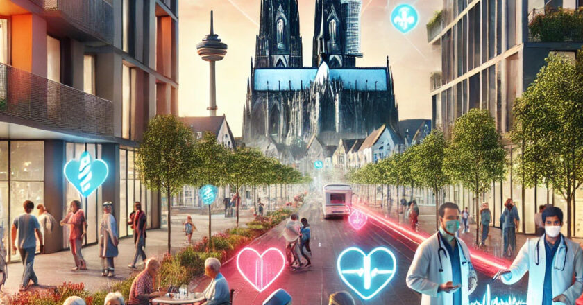 Eine lebendige Darstellung der Initiative "Gesundheitsregion Köln Nord". Das Bild zeigt eine städtische Umgebung mit Menschen, die in einem Gesundheitskontext interagieren: Eine Krankenschwester unterstützt eine Familie, Gemeinschaftsmitglieder diskutieren Gesundheitsfragen, und ein Arzt gibt eine Beratung. Im Hintergrund sind die ikonischen Gebäude von Köln und grüne Parks zu sehen. Leuchtende Linien symbolisieren das vernetzte Gesundheitssystem.