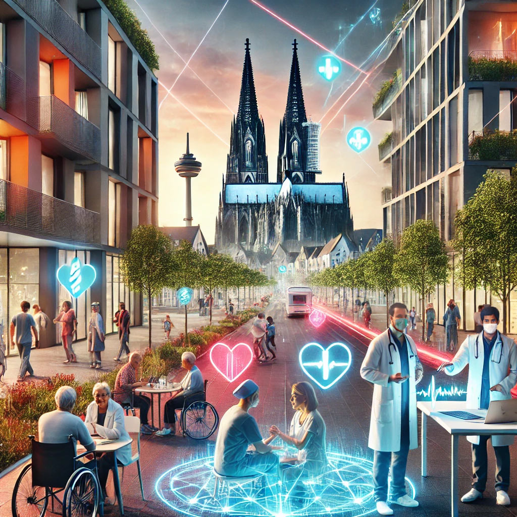 Eine lebendige Darstellung der Initiative "Gesundheitsregion Köln Nord". Das Bild zeigt eine städtische Umgebung mit Menschen, die in einem Gesundheitskontext interagieren: Eine Krankenschwester unterstützt eine Familie, Gemeinschaftsmitglieder diskutieren Gesundheitsfragen, und ein Arzt gibt eine Beratung. Im Hintergrund sind die ikonischen Gebäude von Köln und grüne Parks zu sehen. Leuchtende Linien symbolisieren das vernetzte Gesundheitssystem.