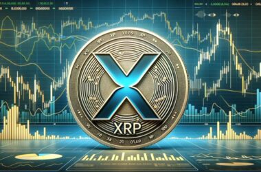 XRP-Logo vor einem aufsteigenden Kursdiagramm, das den jüngsten 400 %igen Anstieg der Kryptowährung veranschaulicht.