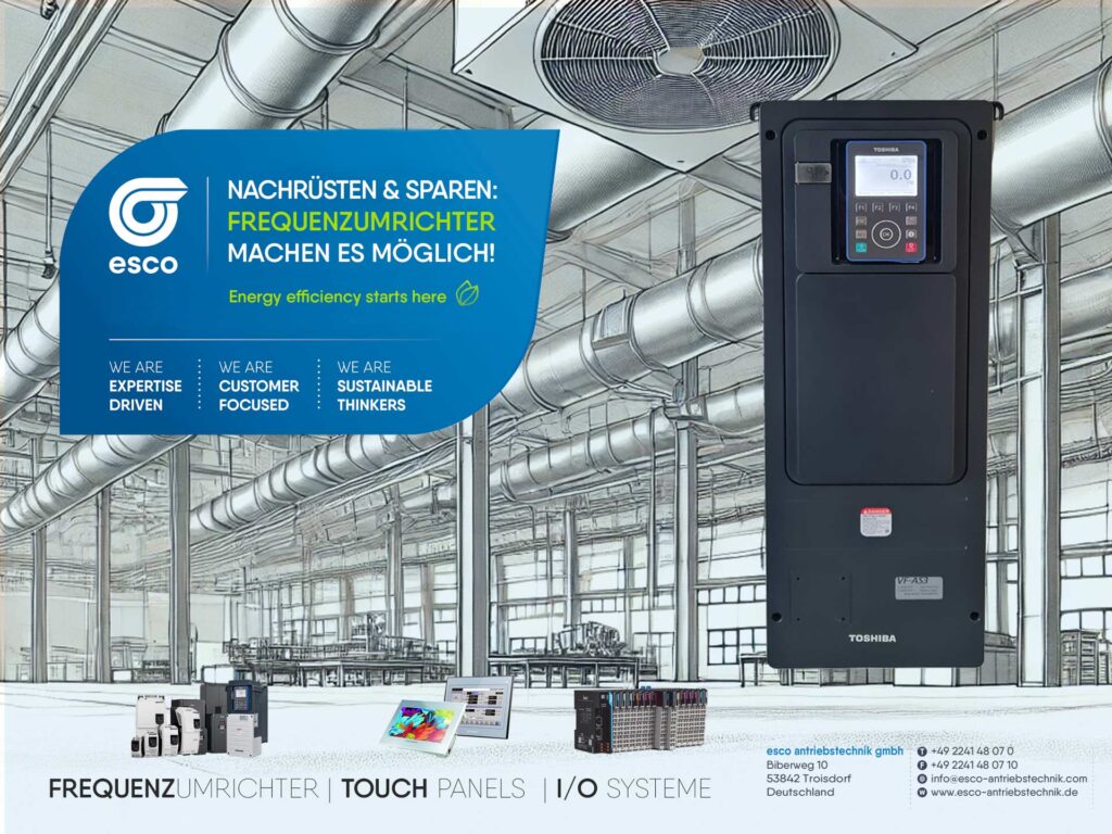 Darstellung eines modernen Frequenzumrichters in einer Lüftungsanlage, als nachhaltige Lösung zur Energieeinsparung und Optimierung von Lüftungssystemen.