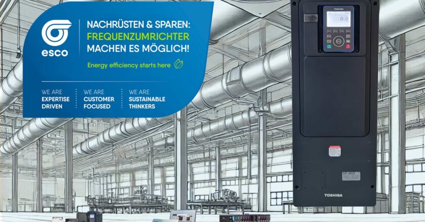 Darstellung eines modernen Frequenzumrichters in einer Lüftungsanlage, als nachhaltige Lösung zur Energieeinsparung und Optimierung von Lüftungssystemen.