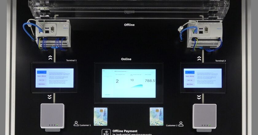 M2M-Payment Maschinen bezahlen sich gegenseitig (Machine to Machine – M2M) in einem Pay-per-use-Modell, ohne dass sie dafür online sein müssen – zu sehen an einem Demonstrator im Festo Engineering Center in München.