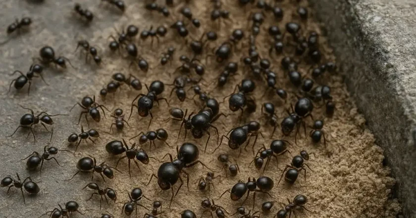 Nahaufnahme einer Vielzahl von Ameisen der Art Tapinoma magnum auf einer sandigen Fläche neben einem Bordstein. Die Tiere bewegen sich in mehreren Spuren und sind unterschiedlich groß.