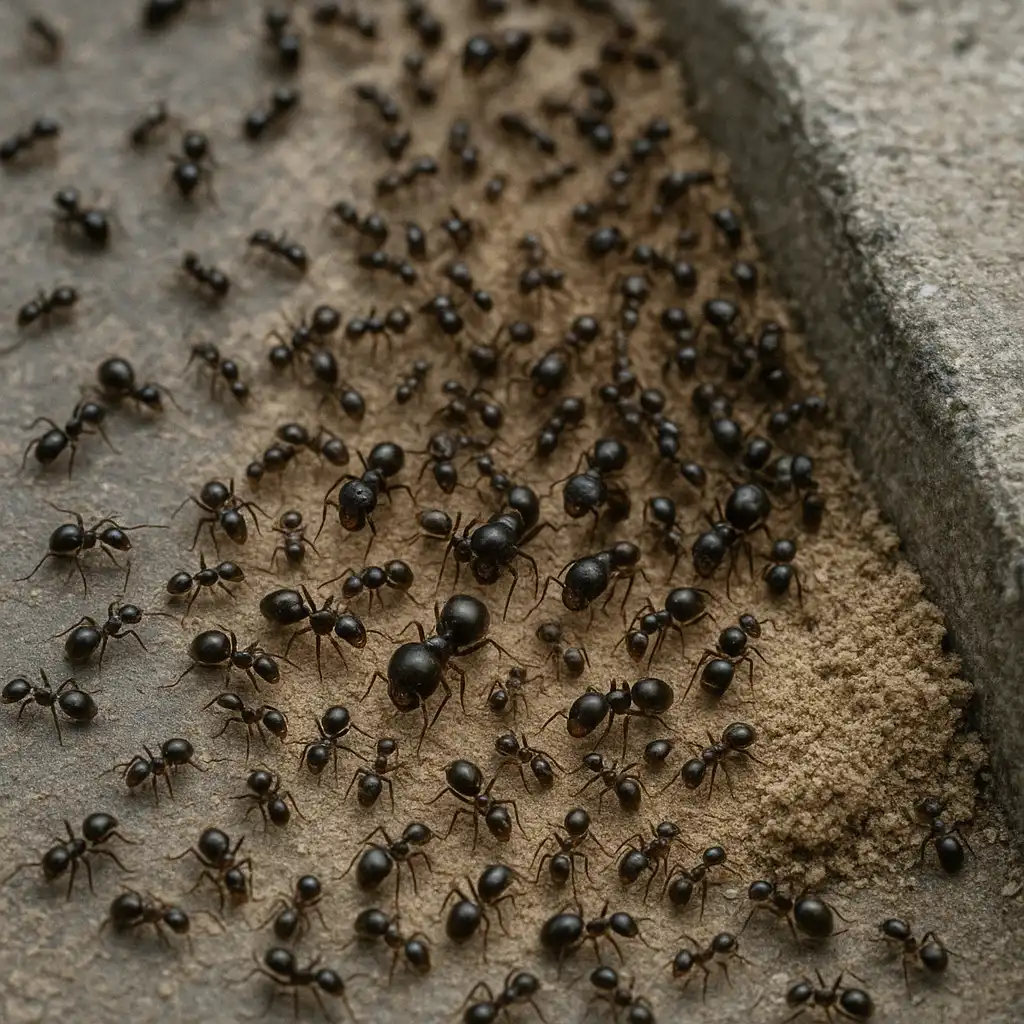 Nahaufnahme einer Vielzahl von Ameisen der Art Tapinoma magnum auf einer sandigen Fläche neben einem Bordstein. Die Tiere bewegen sich in mehreren Spuren und sind unterschiedlich groß.