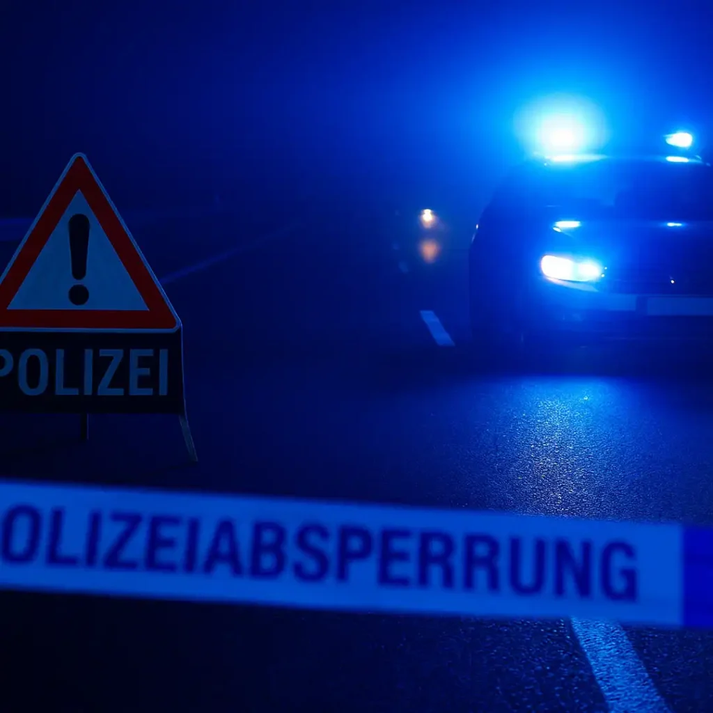 Symbolbild: Polizeifahrzeug mit Blaulicht und Absperrband bei nächtlicher Straßensperrung