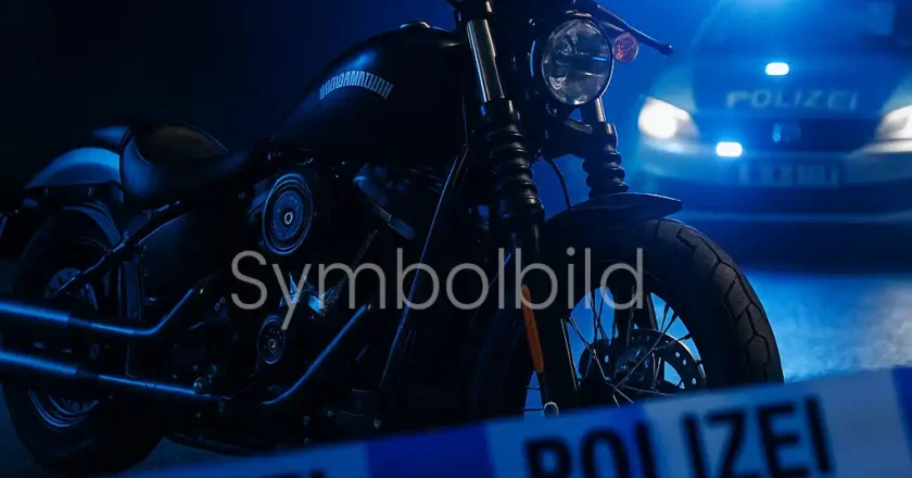 Symbolisches Bild eines Polizeieinsatzes bei Nacht mit Harley-Davidson und Blaulicht im Hintergrund.