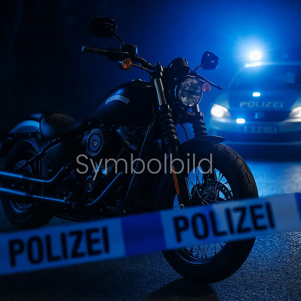 Symbolisches Bild eines Polizeieinsatzes bei Nacht mit Harley-Davidson und Blaulicht im Hintergrund.