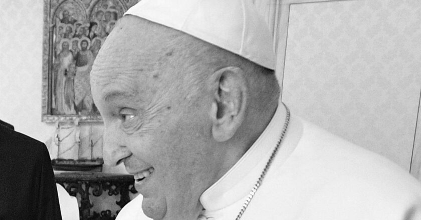Papst Franziskus lächelt in einem Raum des Vatikans, bekleidet mit weißem Talar und Pileolus.