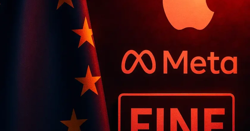 Symbolbild zur EU-Strafe gegen Apple und Meta: EU-Flagge neben Firmenlogos und dem Schriftzug „FINE“ auf dunklem Hintergrund.
