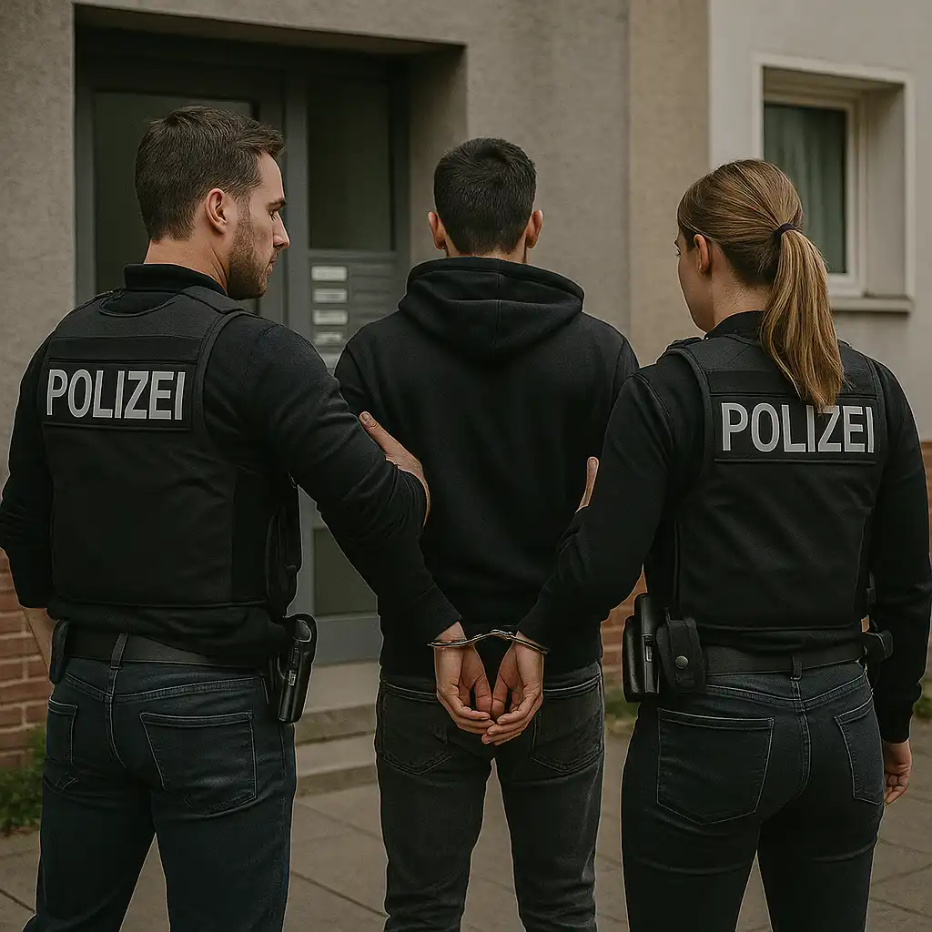 Zwei Zivilpolizisten in Westen mit der Aufschrift "Polizei" führen einen jungen Mann in Handschellen aus einem Wohngebäude ab.
