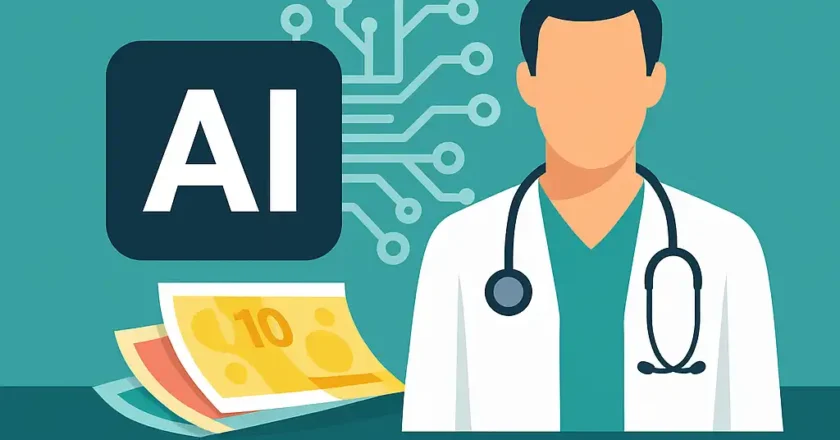 Grafische Darstellung mit CDU- und Grünen-Logo, einem Arzt mit Stethoskop, einem AI-Symbol, Euro-Geldscheinen und der Aufschrift „Künstliche Intelligenz im Gesundheitswesen in NRW“