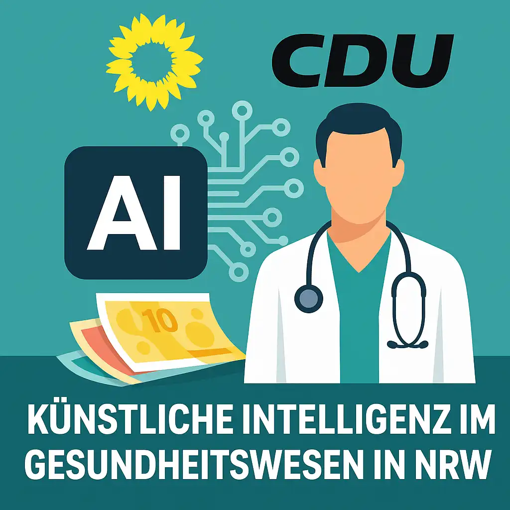 Grafische Darstellung mit CDU- und Grünen-Logo, einem Arzt mit Stethoskop, einem AI-Symbol, Euro-Geldscheinen und der Aufschrift „Künstliche Intelligenz im Gesundheitswesen in NRW“