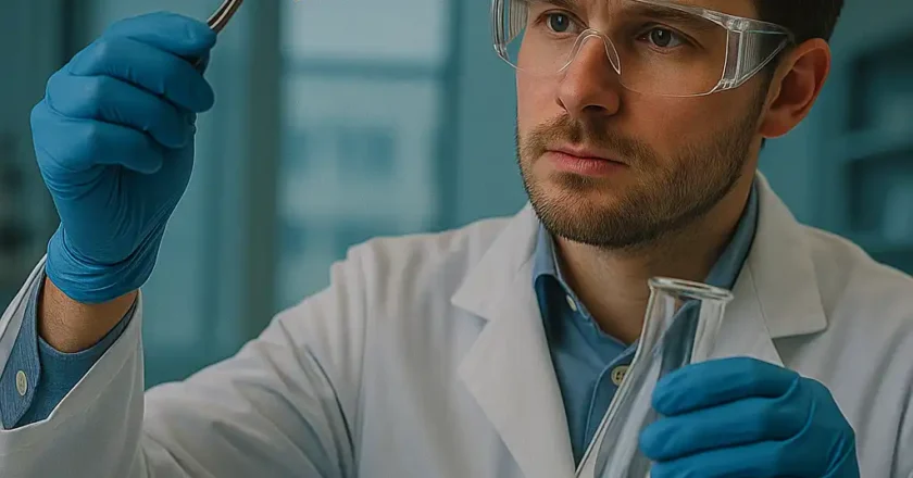 Ein Wissenschaftler in Schutzkleidung betrachtet in einem Labor ein gelbliches Kunststoffmuster mit einer Pinzette, während er ein Erlenmeyerkolben mit gelben Polymergranulat in der anderen Hand hält.