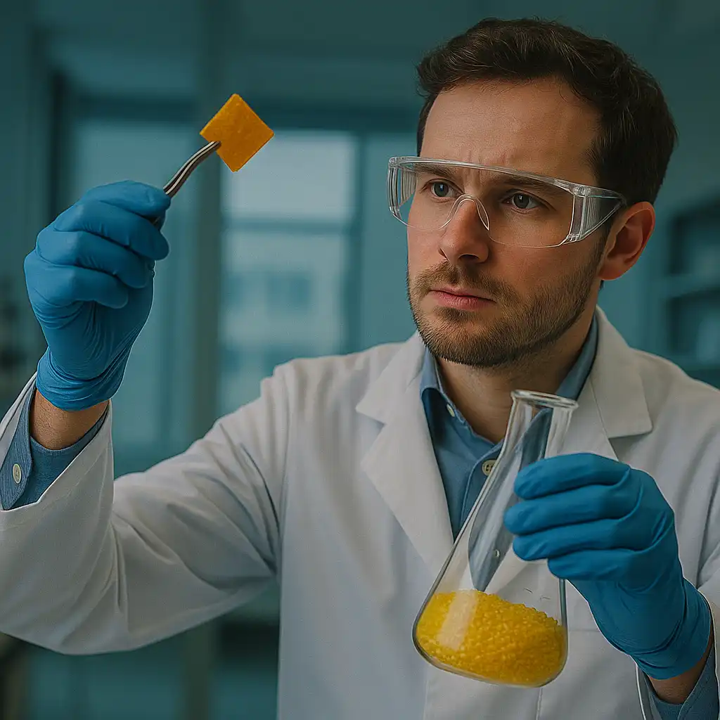 Ein Wissenschaftler in Schutzkleidung betrachtet in einem Labor ein gelbliches Kunststoffmuster mit einer Pinzette, während er ein Erlenmeyerkolben mit gelben Polymergranulat in der anderen Hand hält.