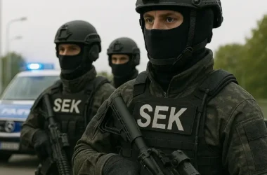 Drei SEK-Beamte in taktischer Ausrüstung mit Sturmgewehren stehen bei Tageslicht auf einer Straße vor einem Polizeifahrzeug mit Blaulicht.