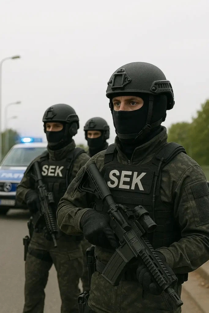 Drei SEK-Beamte in taktischer Ausrüstung mit Sturmgewehren stehen bei Tageslicht auf einer Straße vor einem Polizeifahrzeug mit Blaulicht.