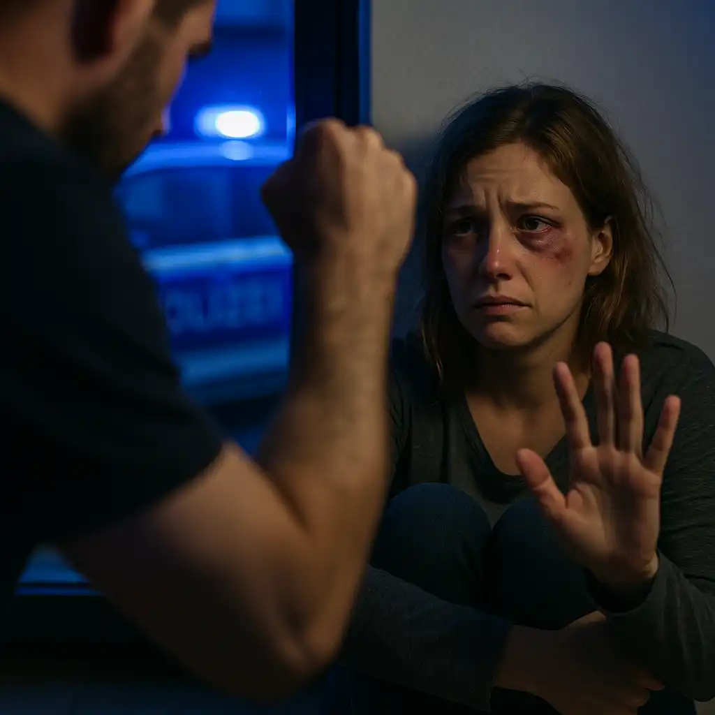 Das Foto zeigt symbolisch eine von häuslicher Gewalt betroffene Frau in einer angespannten Situation. Ihr Gesicht spiegelt Angst und Verzweiflung wider. Blaulicht dringt durch das Fenster – die Polizei ist eingetroffen, um Hilfe zu leisten. Das Bild steht stellvertretend für viele stille Schicksale, bei denen staatliche Stellen zum Schutz eingreifen.