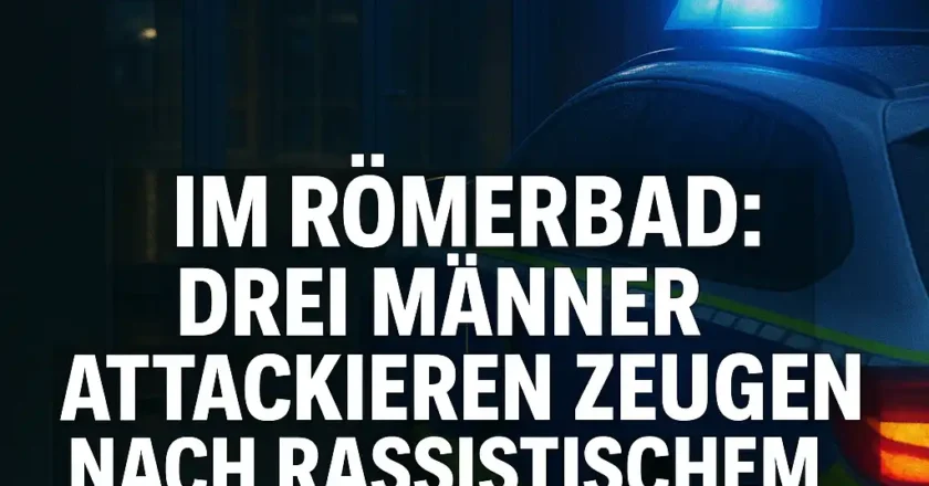 Ein Polizeiwagen mit eingeschaltetem Blaulicht steht nachts vor dem Eingang des Römerbads in Bonn. Auf dem nassen Asphalt liegt ein Messer in einem durchsichtigen Beweissicherungsbeutel mit der Aufschrift „POLIZEI“.