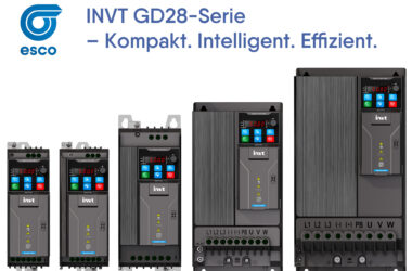 ESCO präsentiert die INVT GD28 Frequenzumrichter-Serie – fünf kompakte Gerätevarianten für Leistungen von 0,2 kW LD bis 30 kW HD, optimiert für platzsparende Side-by-Side-Montage.