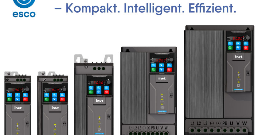 ESCO präsentiert die INVT GD28 Frequenzumrichter-Serie – fünf kompakte Gerätevarianten für Leistungen von 0,2 kW LD bis 30 kW HD, optimiert für platzsparende Side-by-Side-Montage.