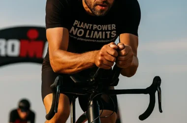 Triathlet beim Ironman 70.3 in Duisburg mit „Plant Power No Limits“-Trikot auf dem Rennrad vor Ironman-Zielbogen