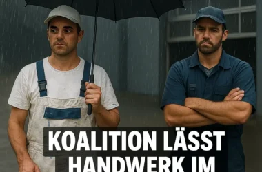 Zwei Handwerker – ein Maler mit Farbeimer und ein Kfz-Mechaniker – stehen im Regen vor einer Werkstatt. Der Maler hält einen schwarzen Regenschirm. Beide blicken ernst in die Kamera.