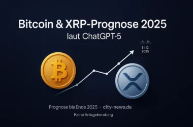 „Grafik zur Bitcoin- & XRP-Prognose 2025: BTC- und XRP-Symbole, aufwärts gerichteter Chart bis 31.12.2025, Hinweis ‚Keine Anlageberatung‘.“