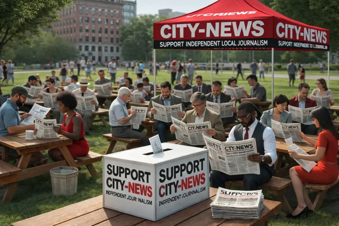 Eine lebhafte Gemeinschaftsversammlung im Park, bei der diverse Menschen Zeitungen lesen, Laptops benutzen und Nachrichten diskutieren. Im Vordergrund steht eine Spendenbox mit der Aufschrift "Support City-NEWS" und jemand spendet Geld. Im Hintergrund ist ein Banner mit der Aufschrift "Support Independent Local Journalism" und dem City-NEWS-Logo zu sehen.