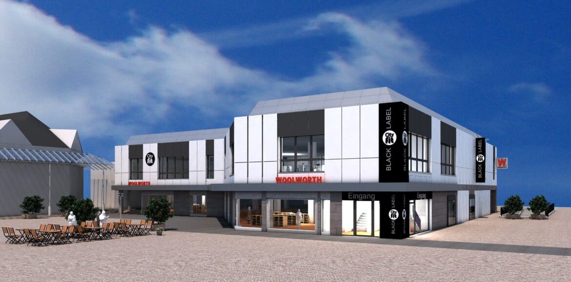 Visualisierung des geplanten CityFit-Fitnessstudios im ehemaligen C&A-Gebäude am Brauhof in Siegburg mit Woolworth-Filiale im Erdgeschoss.