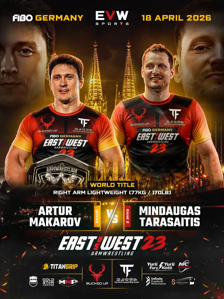EVW 23 World Title Poster mit Artur Makarov gegen Mindaugas Tarasaitis im Right Arm Lightweight bis 77 kg.
