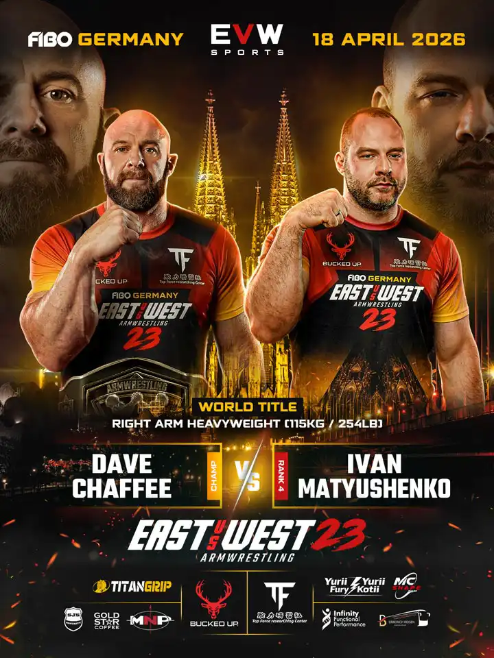 EVW 23 World Title Poster mit Dave Chaffee gegen Ivan Matyushenko im Right Arm Heavyweight bis 115 kg.