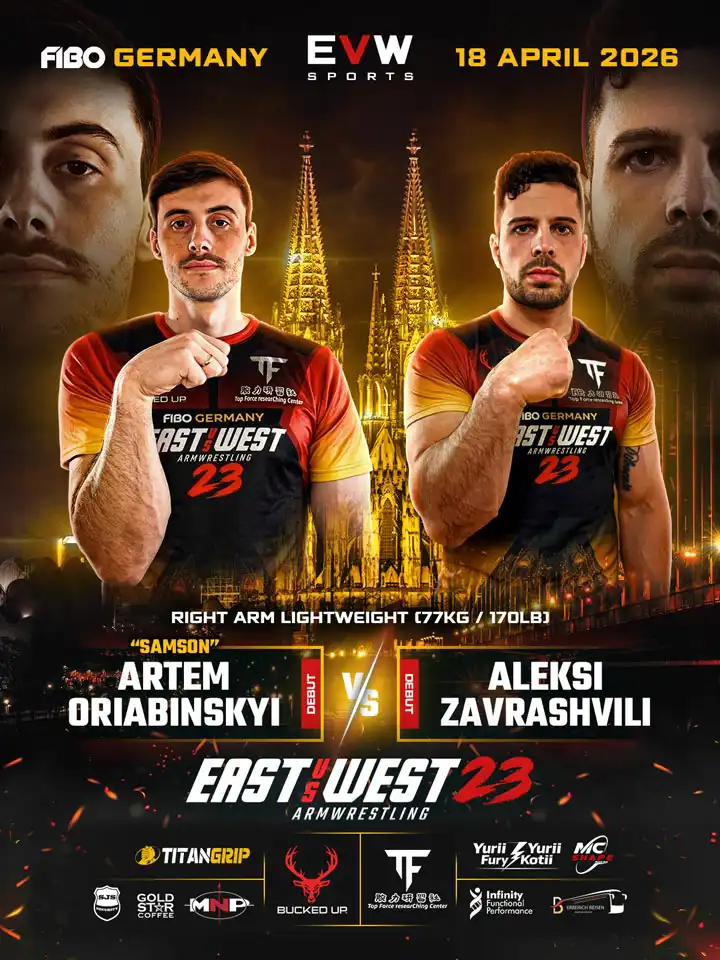 East vs West 23 Kampfkarte mit Samson Artem Oriabinskyi gegen Aleksi Zavrashvili im Right Arm Lightweight bis 77 kg.