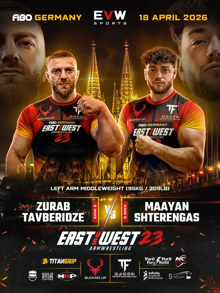 EVW 23 Poster mit Zurab Tavberidze gegen Maayan Shterengas im Left Arm Middleweight bis 95 kg bei FIBO Germany.