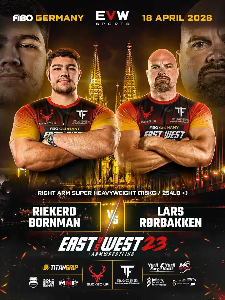 EVW 23 Kampfkarte mit Riekerd Bornman gegen Lars Rørbakken im Right Arm Super Heavyweight über 115 kg.Super Heavyweight über 115 kg am 18. April 2026.